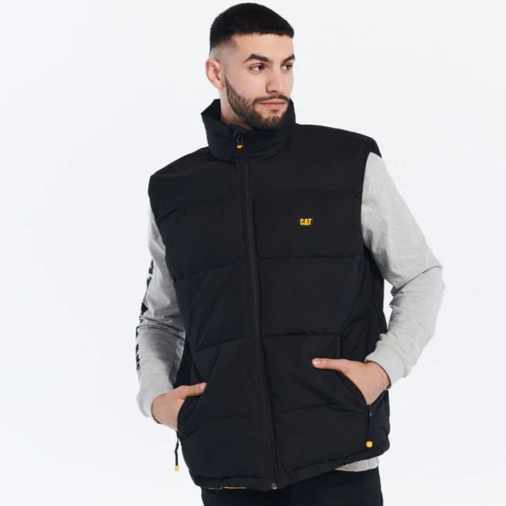Vintage Black Yellow Caterpillar Workwear Arctic Zone Puffer Insulated Vest 2XL